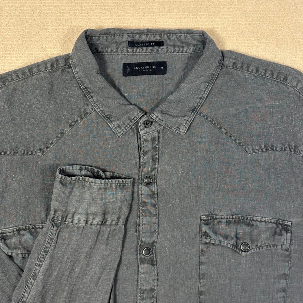 Lucky Brand Linen Western Pearl Snap Shirt Mens XL Gray Classic Fit Long Sleeve